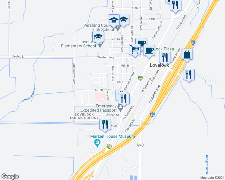 map of restaurants, bars, coffee shops, grocery stores, and more near 601 Grinnel Avenue in Lovelock