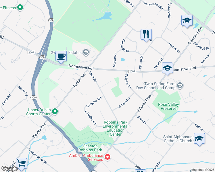 map of restaurants, bars, coffee shops, grocery stores, and more near 1542 Cooper Drive in Ambler