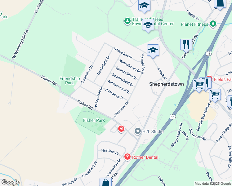 map of restaurants, bars, coffee shops, grocery stores, and more near 1781 South Meadow Drive in Mechanicsburg