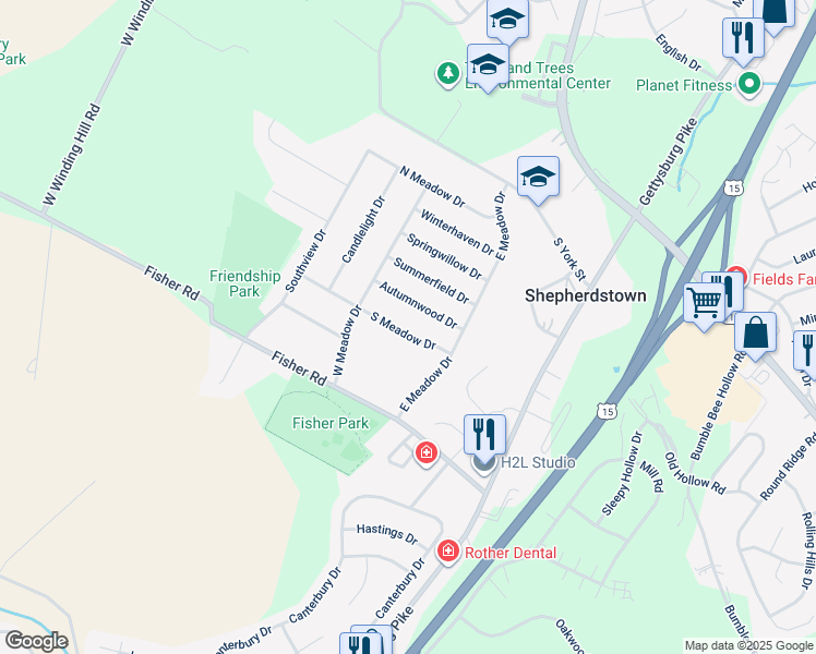 map of restaurants, bars, coffee shops, grocery stores, and more near 1781 South Meadow Drive in Mechanicsburg