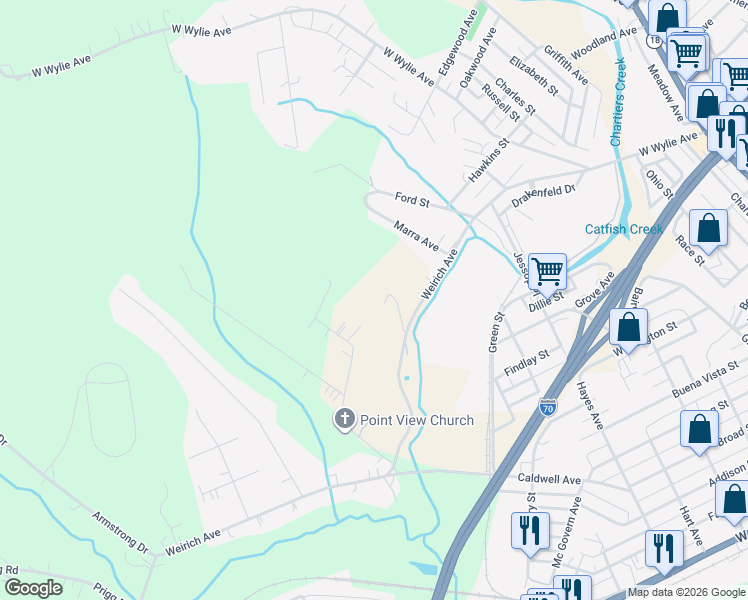 map of restaurants, bars, coffee shops, grocery stores, and more near 170 Point View Drive in Washington