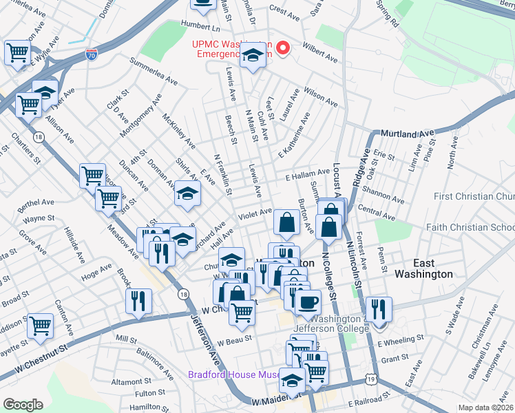 map of restaurants, bars, coffee shops, grocery stores, and more near 23 Hall Avenue in Washington