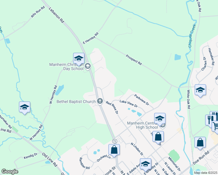 map of restaurants, bars, coffee shops, grocery stores, and more near 51 Daffodil Drive in Manheim