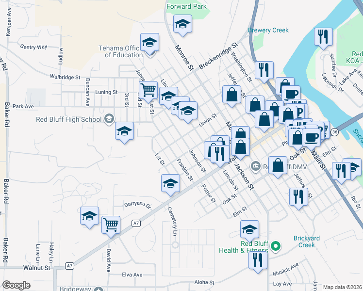 map of restaurants, bars, coffee shops, grocery stores, and more near 1050-1098 Cedar Street in Red Bluff
