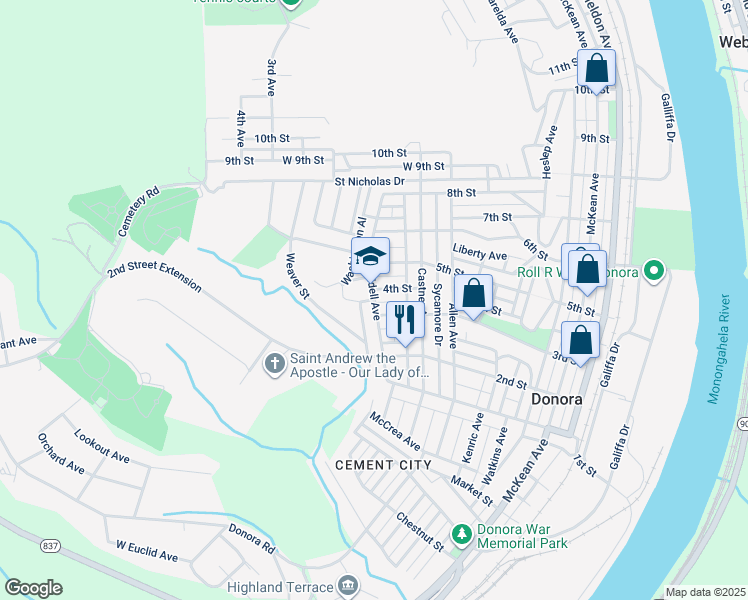 map of restaurants, bars, coffee shops, grocery stores, and more near 401 Waddell Avenue in Donora