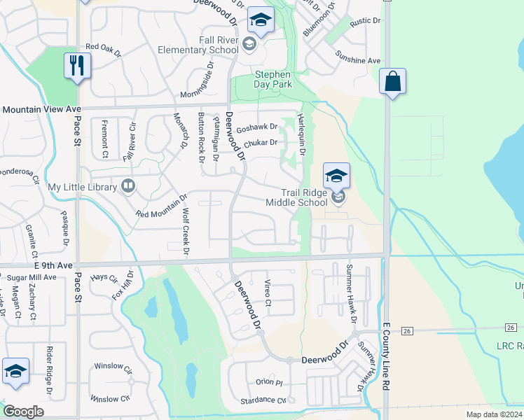 map of restaurants, bars, coffee shops, grocery stores, and more near 1600 Prairie Hawk Drive in Longmont