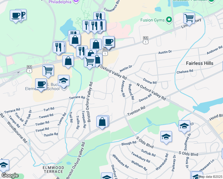 map of restaurants, bars, coffee shops, grocery stores, and more near 59 Liberty Drive in Langhorne