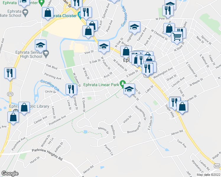 map of restaurants, bars, coffee shops, grocery stores, and more near 246 South State Street in Ephrata