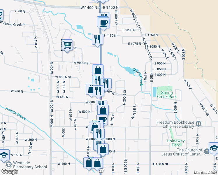 map of restaurants, bars, coffee shops, grocery stores, and more near 103 700 North in Springville