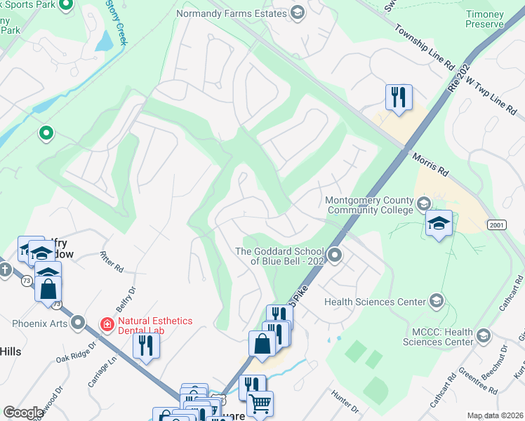 map of restaurants, bars, coffee shops, grocery stores, and more near 332 Saint Andrews Place in Blue Bell