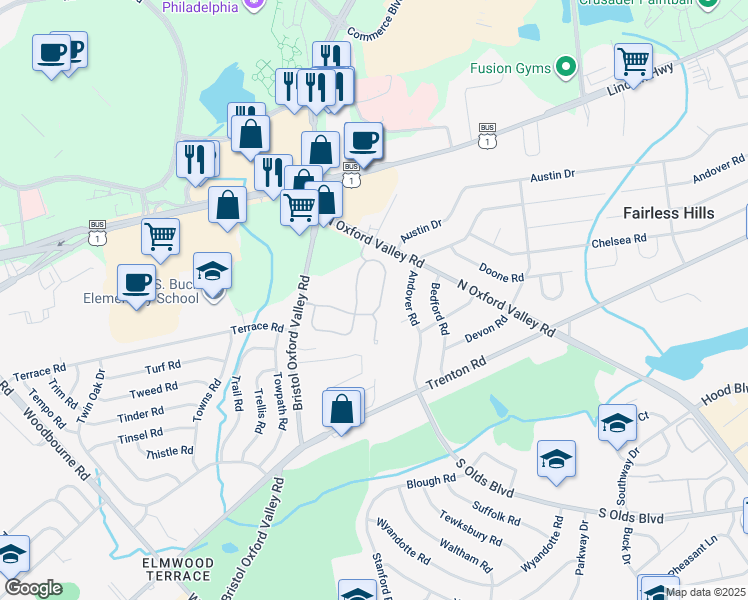 map of restaurants, bars, coffee shops, grocery stores, and more near 59 Liberty Drive in Langhorne