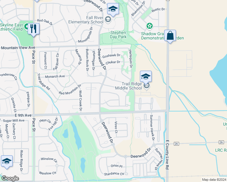 map of restaurants, bars, coffee shops, grocery stores, and more near 1600 Prairie Hawk Drive in Longmont