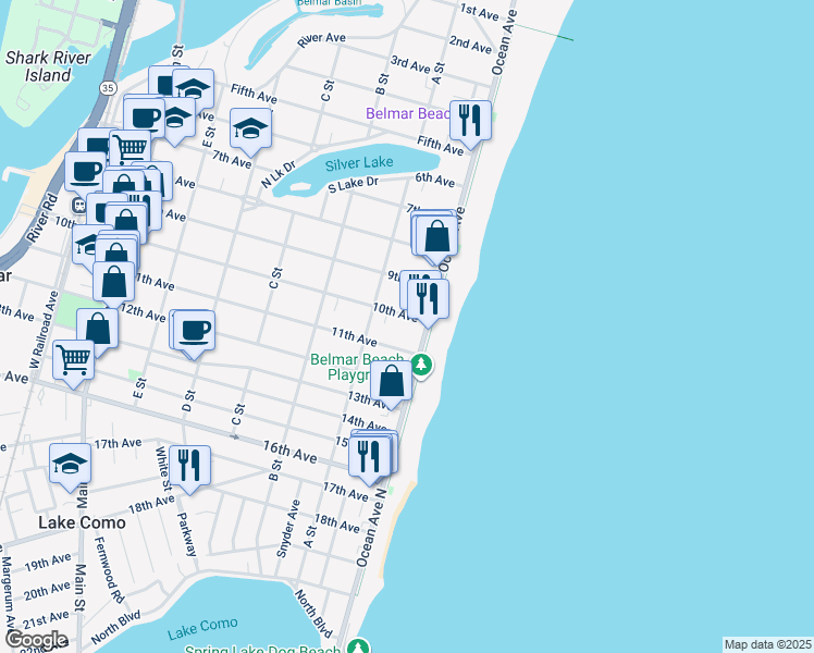 map of restaurants, bars, coffee shops, grocery stores, and more near 102 11th Avenue in Belmar