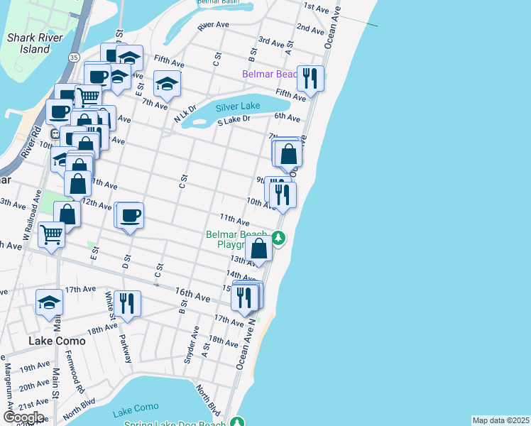 map of restaurants, bars, coffee shops, grocery stores, and more near 102 11th Avenue in Belmar