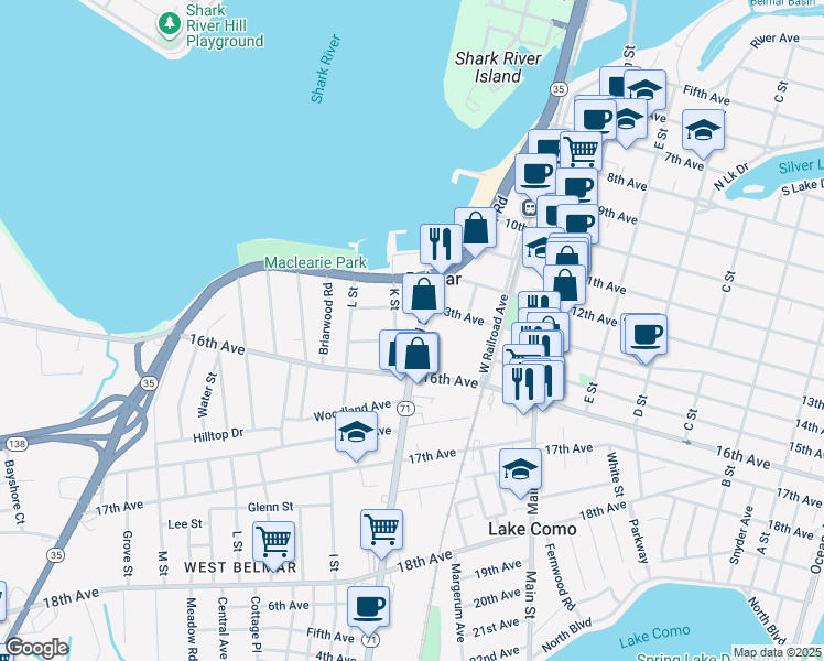 map of restaurants, bars, coffee shops, grocery stores, and more near 17 Seaside Lane in Belmar