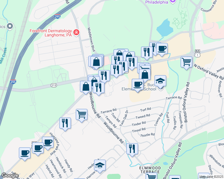 map of restaurants, bars, coffee shops, grocery stores, and more near 201 Woodbourne Road in Levittown