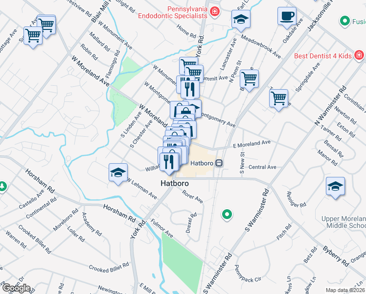 map of restaurants, bars, coffee shops, grocery stores, and more near 18 East Moreland Avenue in Hatboro