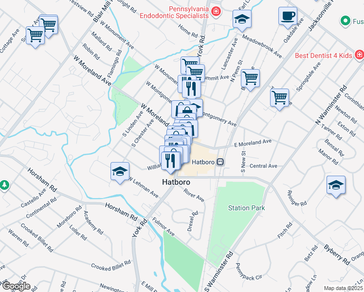 map of restaurants, bars, coffee shops, grocery stores, and more near 18 East Moreland Avenue in Hatboro