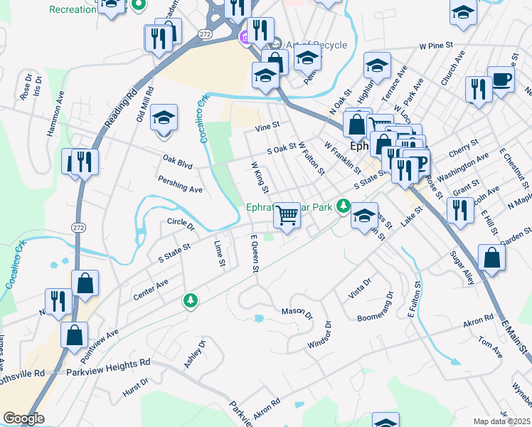 map of restaurants, bars, coffee shops, grocery stores, and more near 434 South State Street in Ephrata