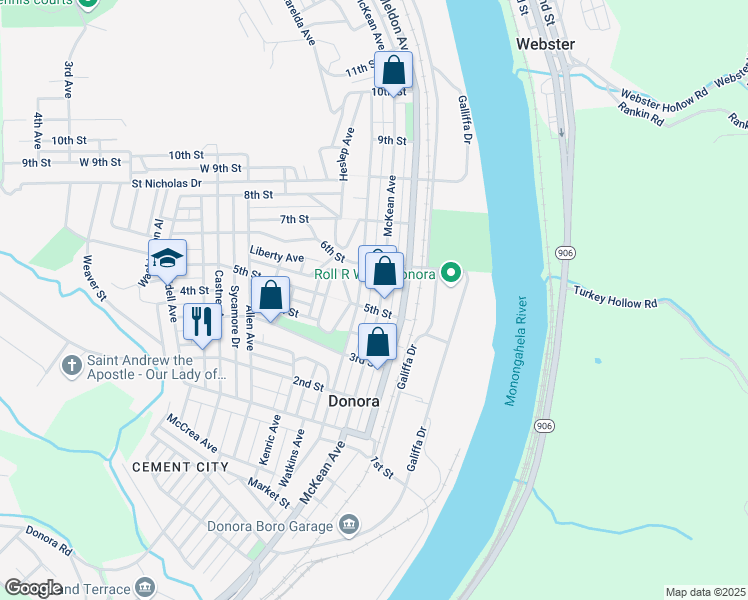 map of restaurants, bars, coffee shops, grocery stores, and more near 419 McKean Avenue in Donora