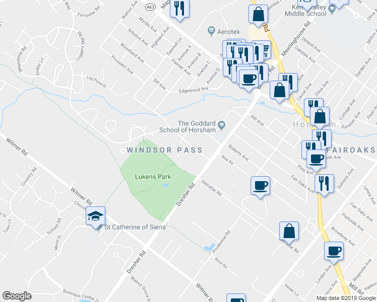 map of restaurants, bars, coffee shops, grocery stores, and more near 451 Samantha Lane in Horsham