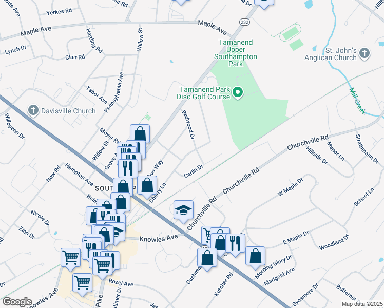 map of restaurants, bars, coffee shops, grocery stores, and more near 929 Cherry Lane in Southampton