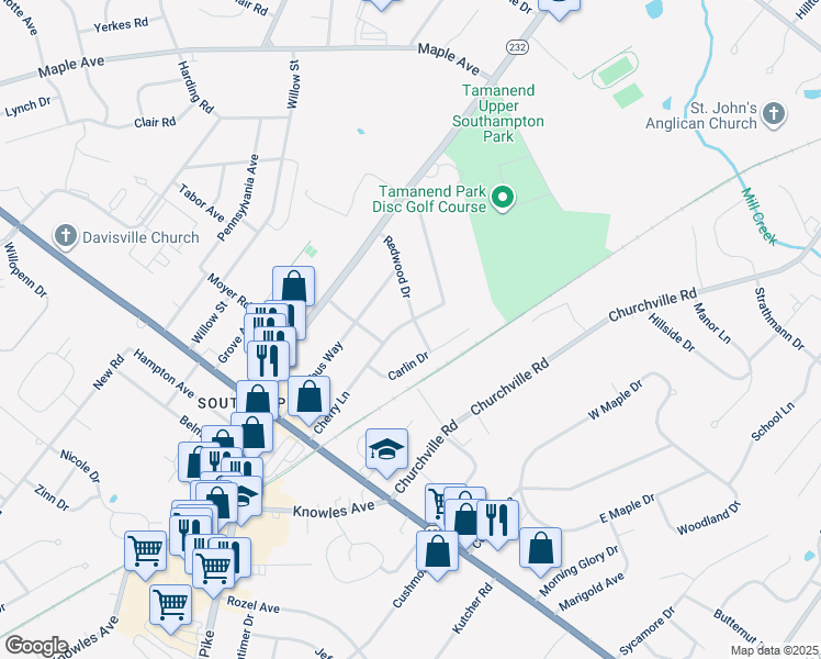 map of restaurants, bars, coffee shops, grocery stores, and more near 929 Cherry Lane in Southampton