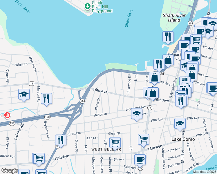 map of restaurants, bars, coffee shops, grocery stores, and more near 1239 Oakwood Road in Belmar
