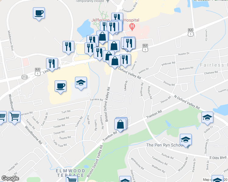 map of restaurants, bars, coffee shops, grocery stores, and more near 11 Liberty Drive in Langhorne