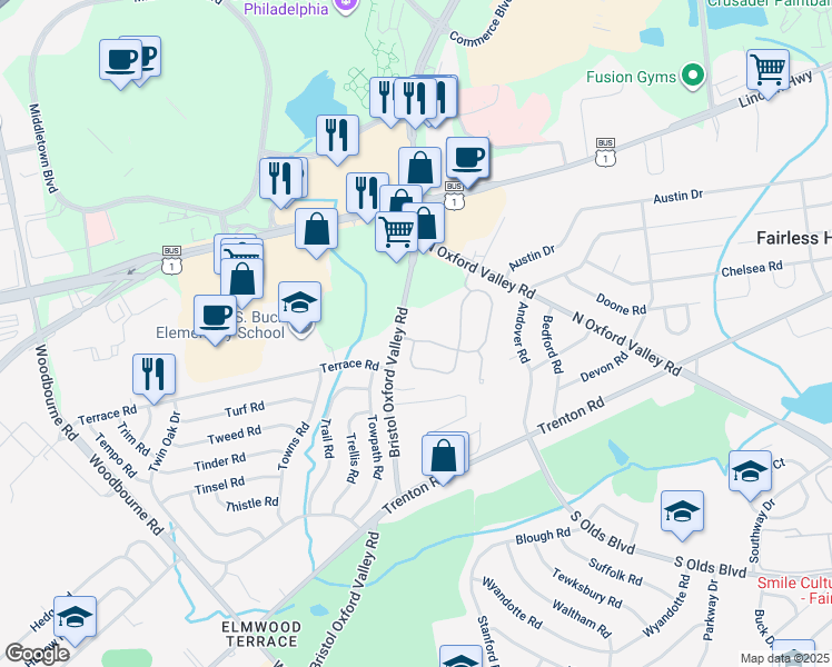 map of restaurants, bars, coffee shops, grocery stores, and more near 3 Liberty Drive in Langhorne