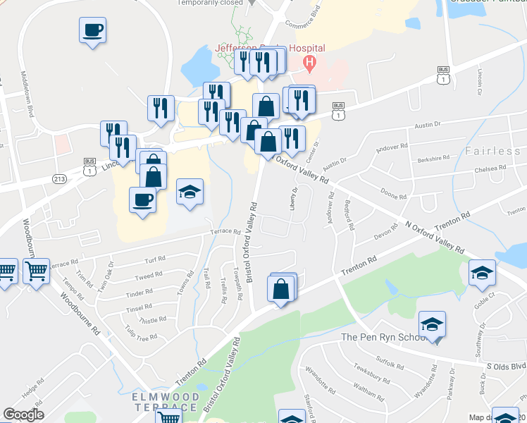 map of restaurants, bars, coffee shops, grocery stores, and more near 7 Liberty Drive in Langhorne