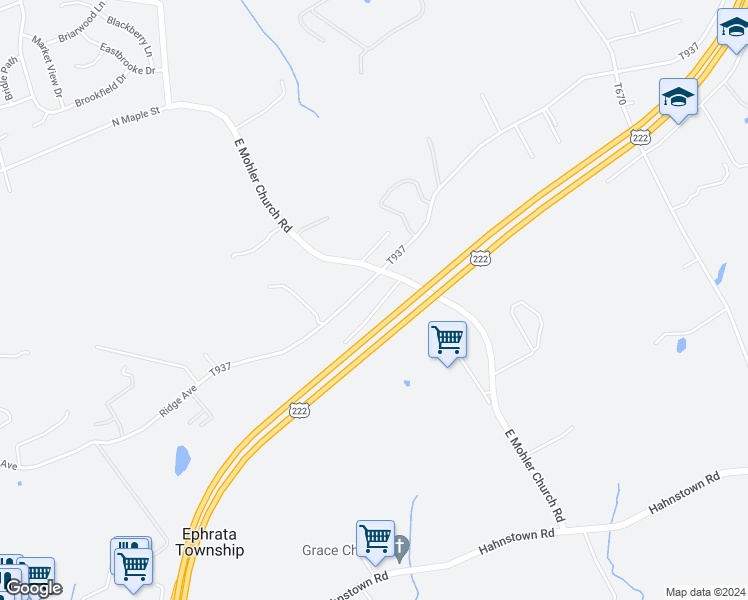 map of restaurants, bars, coffee shops, grocery stores, and more near 207 East Mohler Church Road in Ephrata