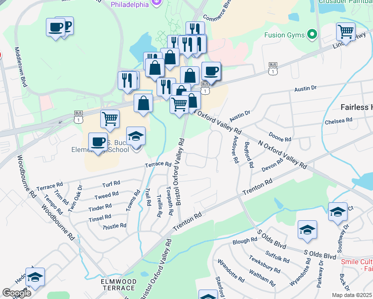 map of restaurants, bars, coffee shops, grocery stores, and more near 3 Liberty Drive in Langhorne