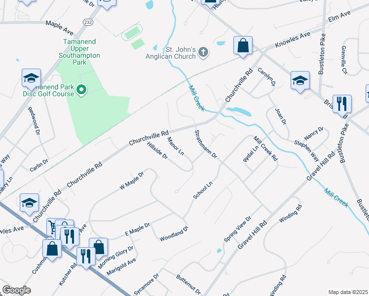 map of restaurants, bars, coffee shops, grocery stores, and more near 957 Manor Lane in Southampton