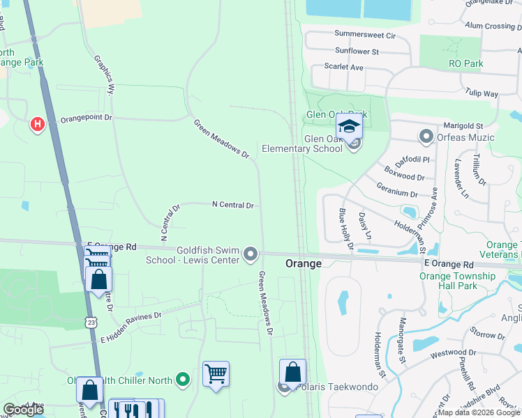 map of restaurants, bars, coffee shops, grocery stores, and more near Green Meadows Drive North in Lewis Center