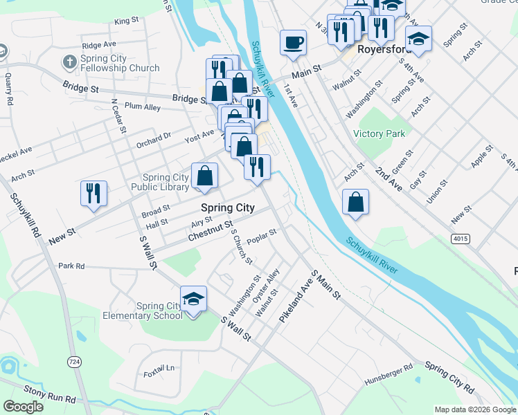 map of restaurants, bars, coffee shops, grocery stores, and more near 2 South Main Street in Spring City