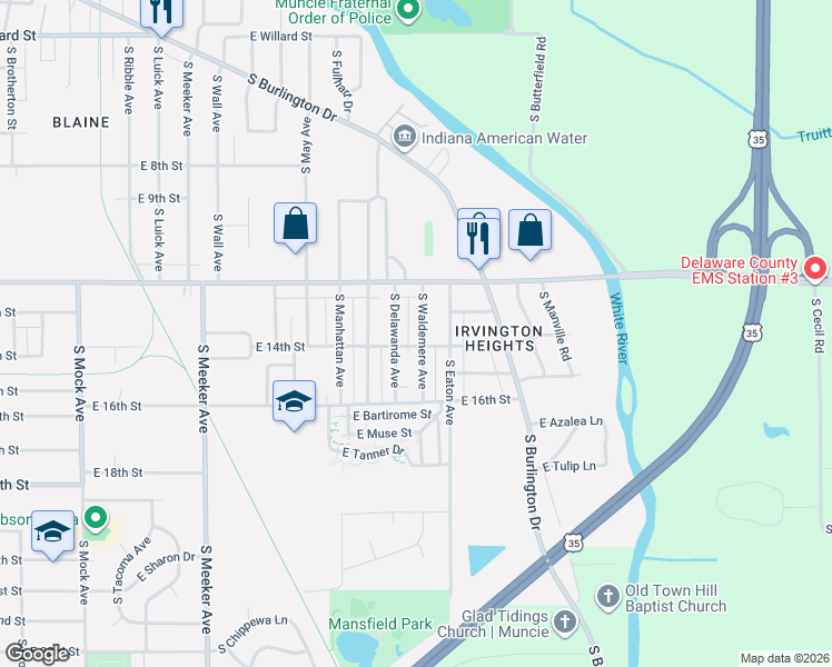 map of restaurants, bars, coffee shops, grocery stores, and more near 1913 South Waldemere Avenue in Muncie