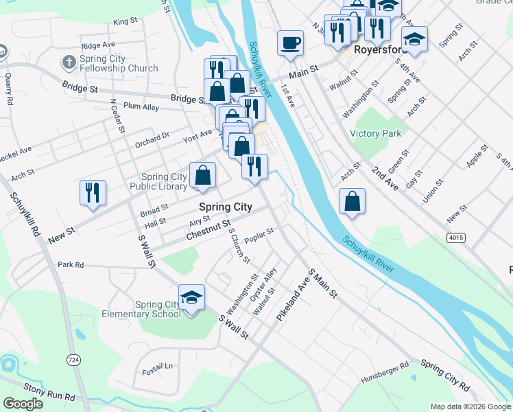 map of restaurants, bars, coffee shops, grocery stores, and more near 2 South Main Street in Spring City