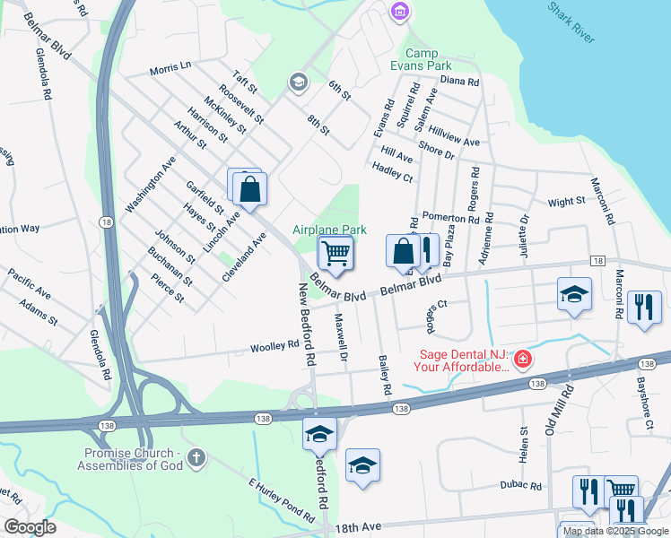 map of restaurants, bars, coffee shops, grocery stores, and more near Unnamed Road in Monmouth County