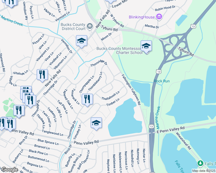 map of restaurants, bars, coffee shops, grocery stores, and more near 142 Thornridge Drive in Levittown