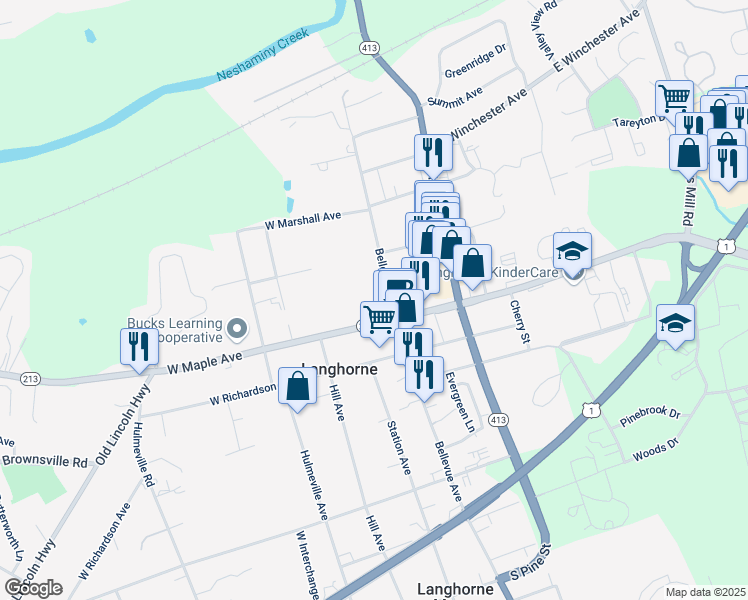 map of restaurants, bars, coffee shops, grocery stores, and more near 135 North Bellevue Avenue in Langhorne