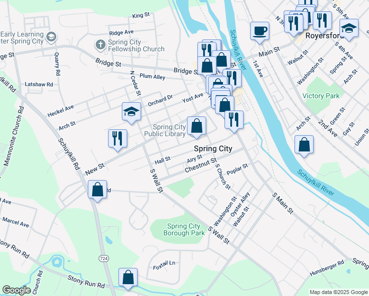 map of restaurants, bars, coffee shops, grocery stores, and more near 35 North Penn Street in Spring City