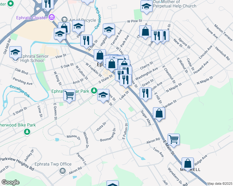 map of restaurants, bars, coffee shops, grocery stores, and more near 54 East Franklin Street in Ephrata