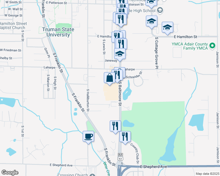 map of restaurants, bars, coffee shops, grocery stores, and more near 2206 South Baltimore Street in Kirksville