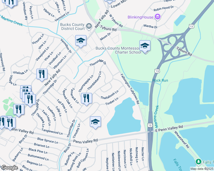 map of restaurants, bars, coffee shops, grocery stores, and more near 142 Thornridge Drive in Levittown
