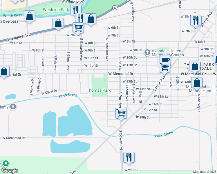 map of restaurants, bars, coffee shops, grocery stores, and more near 1816 W 13th St in Muncie