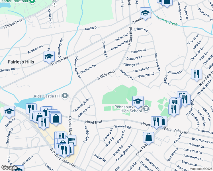map of restaurants, bars, coffee shops, grocery stores, and more near 608 South Olds Boulevard in Fairless Hills