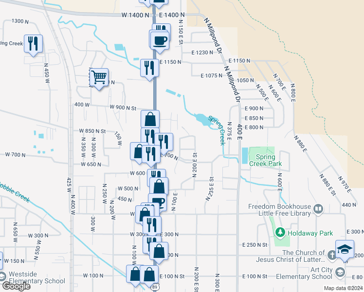 map of restaurants, bars, coffee shops, grocery stores, and more near 178 East 800 North in Springville