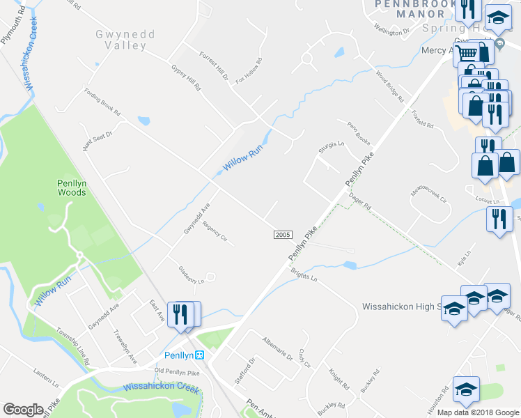 map of restaurants, bars, coffee shops, grocery stores, and more near 1001 Gypsy Hill Road in Ambler