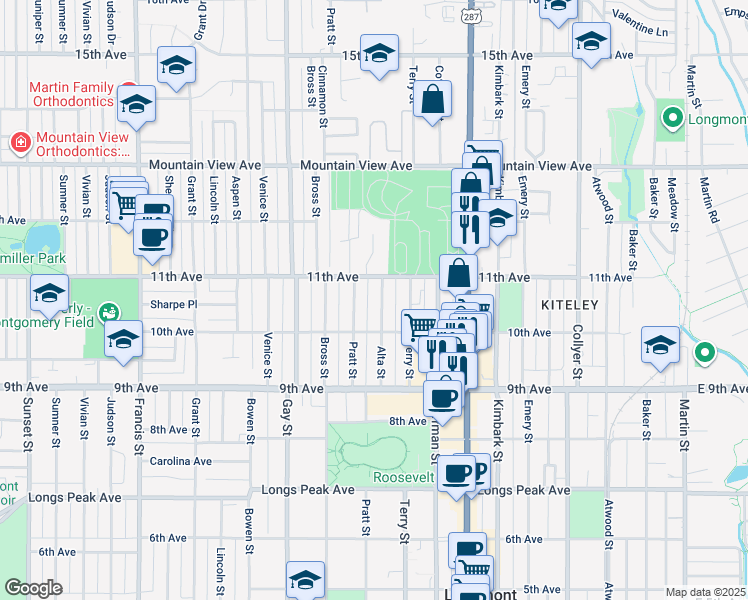 map of restaurants, bars, coffee shops, grocery stores, and more near 1049 11th Avenue in Longmont